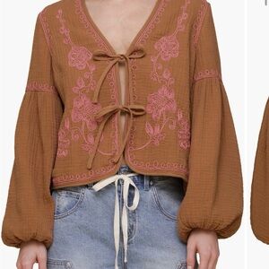 Avec Les Filles Tan Jacket with Pink Embroidery